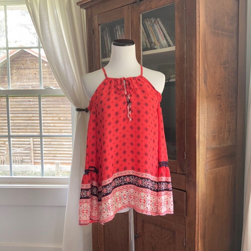 Society Girl Coral Print Cold Shoulder Top, XS